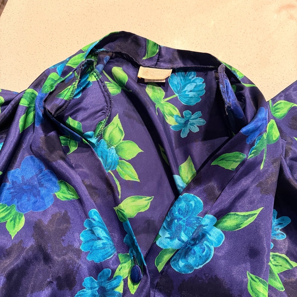 California Dynasty Vintage 80s Satin Floral Kimono Robe Navy Blue Green Sz L - Picture 7 of 8